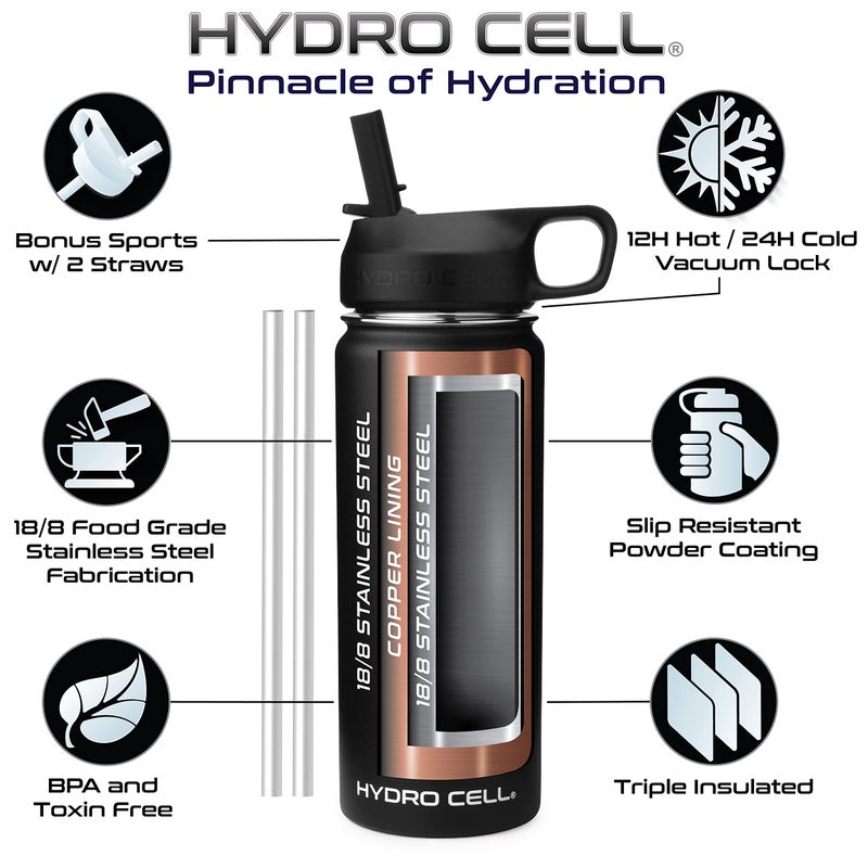 HYDRO CELL زجاجة مياه معزولة من الفولاذ المقاوم للصدأ من HYDRO CELL مع قش - للمشروبات الباردة والساخنة - قارورة مفرغة معدنية مع غطاء لولبي وترمس رياضي حديث مانع للتسرب للأطفال والكبار (أسود 18oz) - Image 3